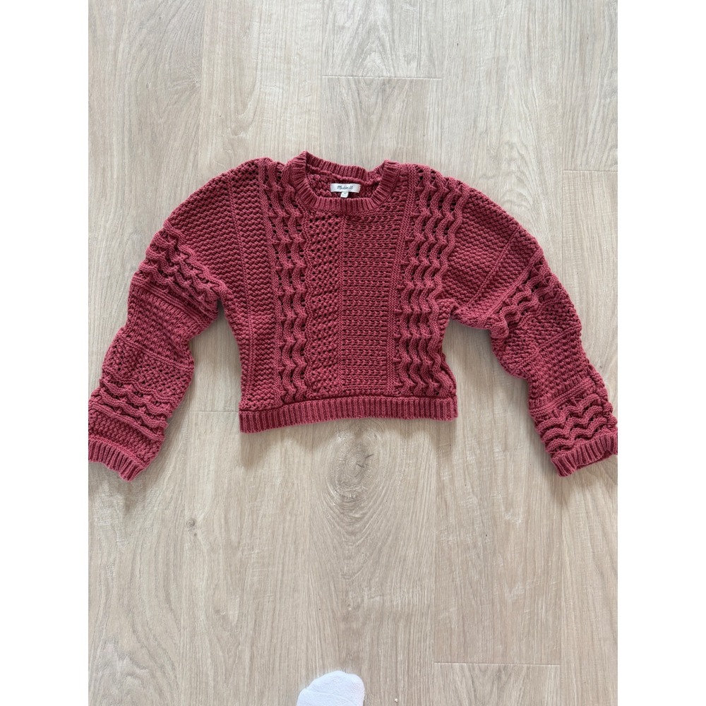 Madewell Cable Knit Sweater Womens XS Berry Pink Cropped Cotton Chunky Boho Knit